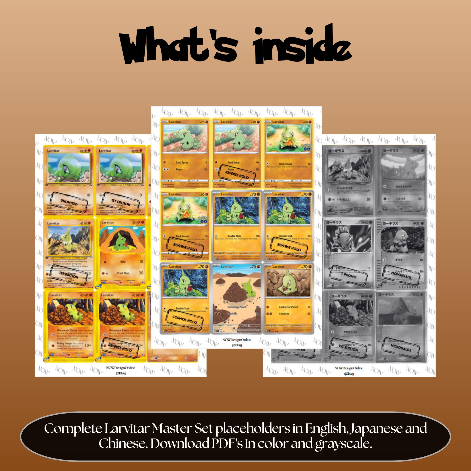 Larvitar binder pages set overview showing the included Pokémon cards to print and cut for your binder sleeves.