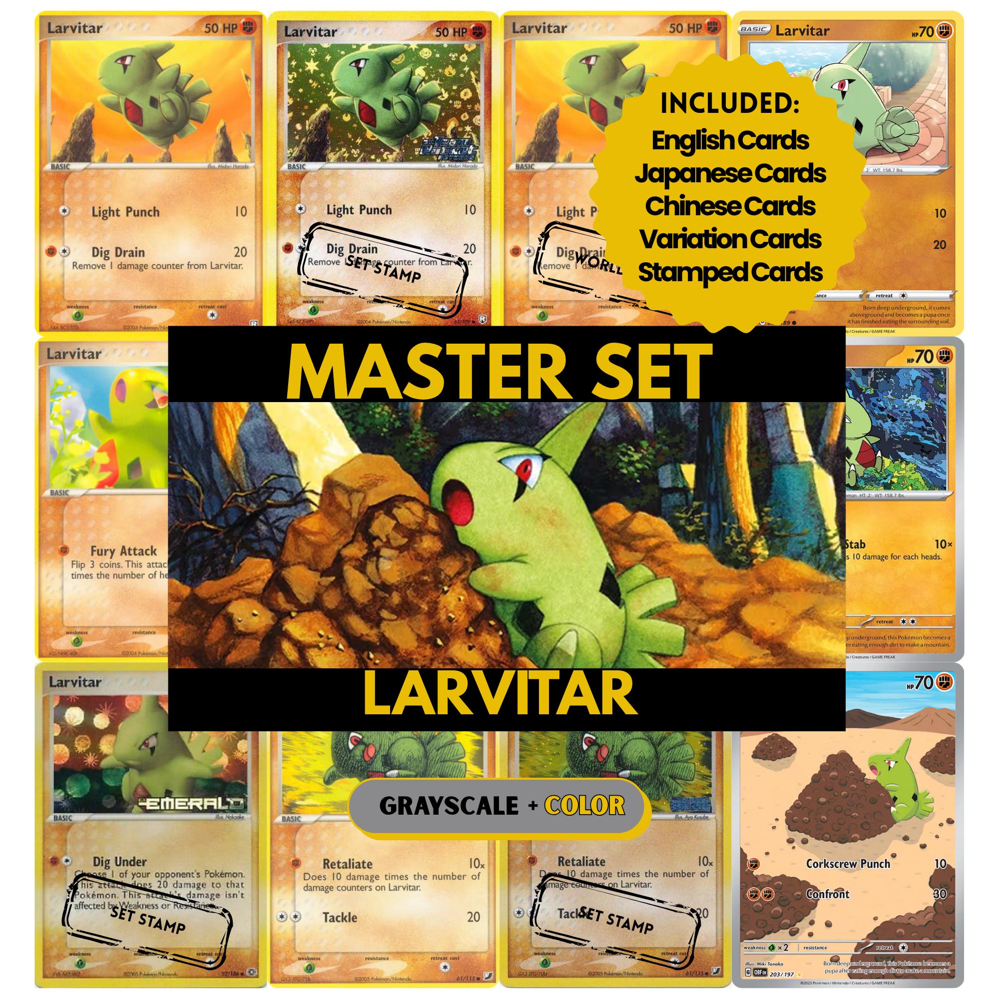 Larvitar binder pages set showing grayscale and color Pokémon cards, designed as a digital download to complete a collector’s binder.