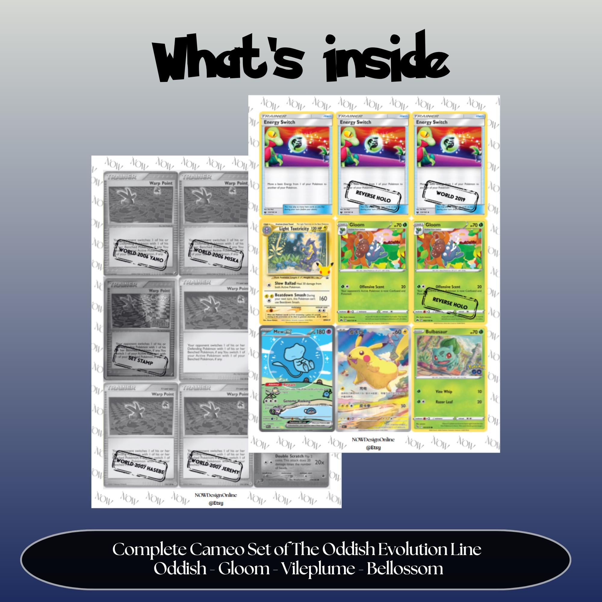 Oddish and Evolutions Cameo binder pages set overview showing the included Pokémon cards to print and cut for your binder sleeves.