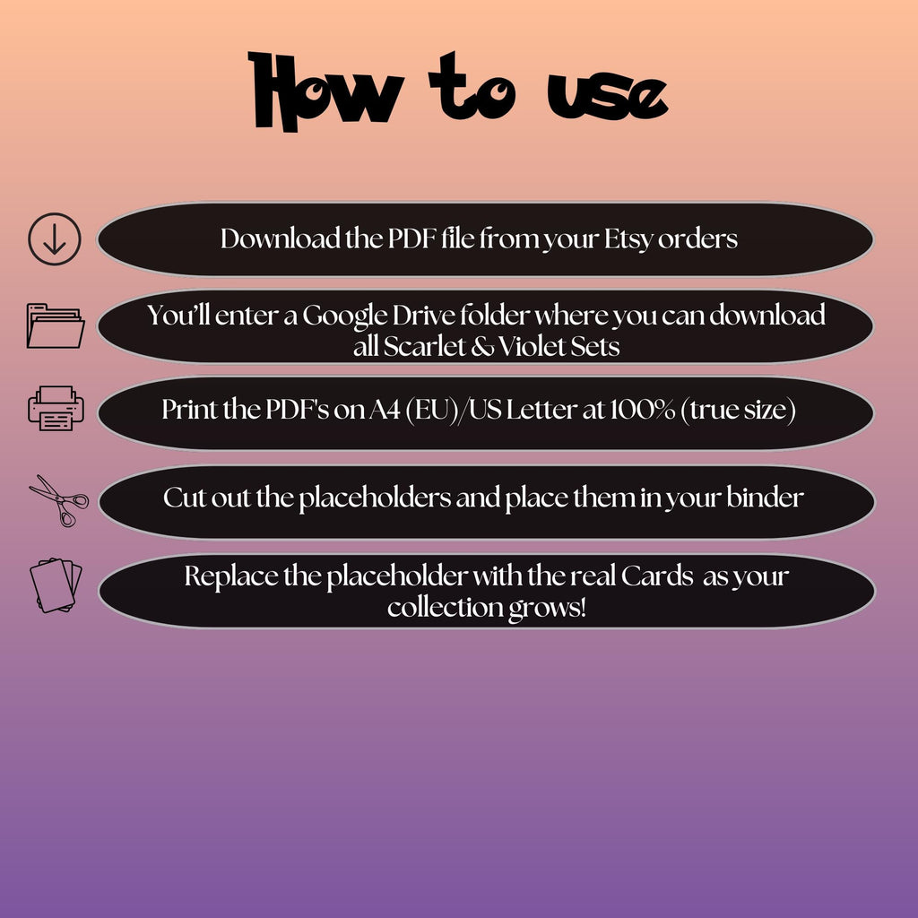 Scarlet & Violet digital download instructions explaining how to print, cut, and place placeholders in a Pokémon binder.