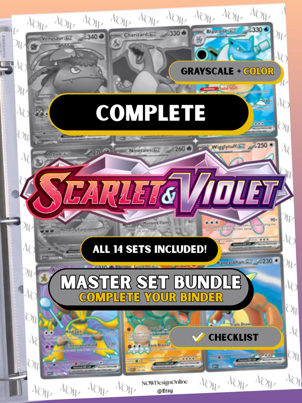 Scarlet & Violet: Complete master set bundle binder page showing grayscale and color Pokémon cards, designed as a digital download with checklist to complete a collector’s binder.
