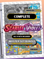 Scarlet & Violet: Complete master set bundle binder page showing grayscale and color Pokémon cards, designed as a digital download with checklist to complete a collector’s binder.