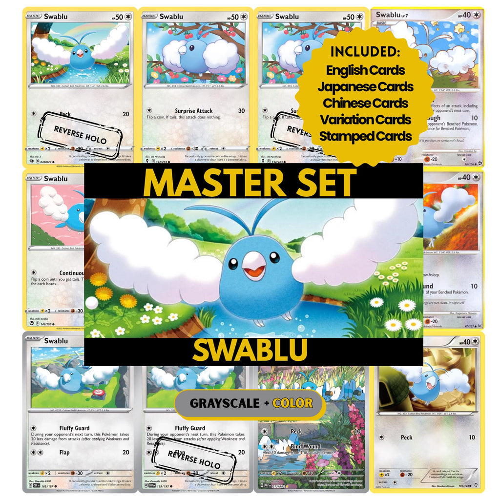 Swablu binder pages set showing grayscale and color Pokémon cards, designed as a digital download to complete a collector’s binder.