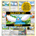 Swablu binder pages set showing grayscale and color Pokémon cards, designed as a digital download to complete a collector’s binder.