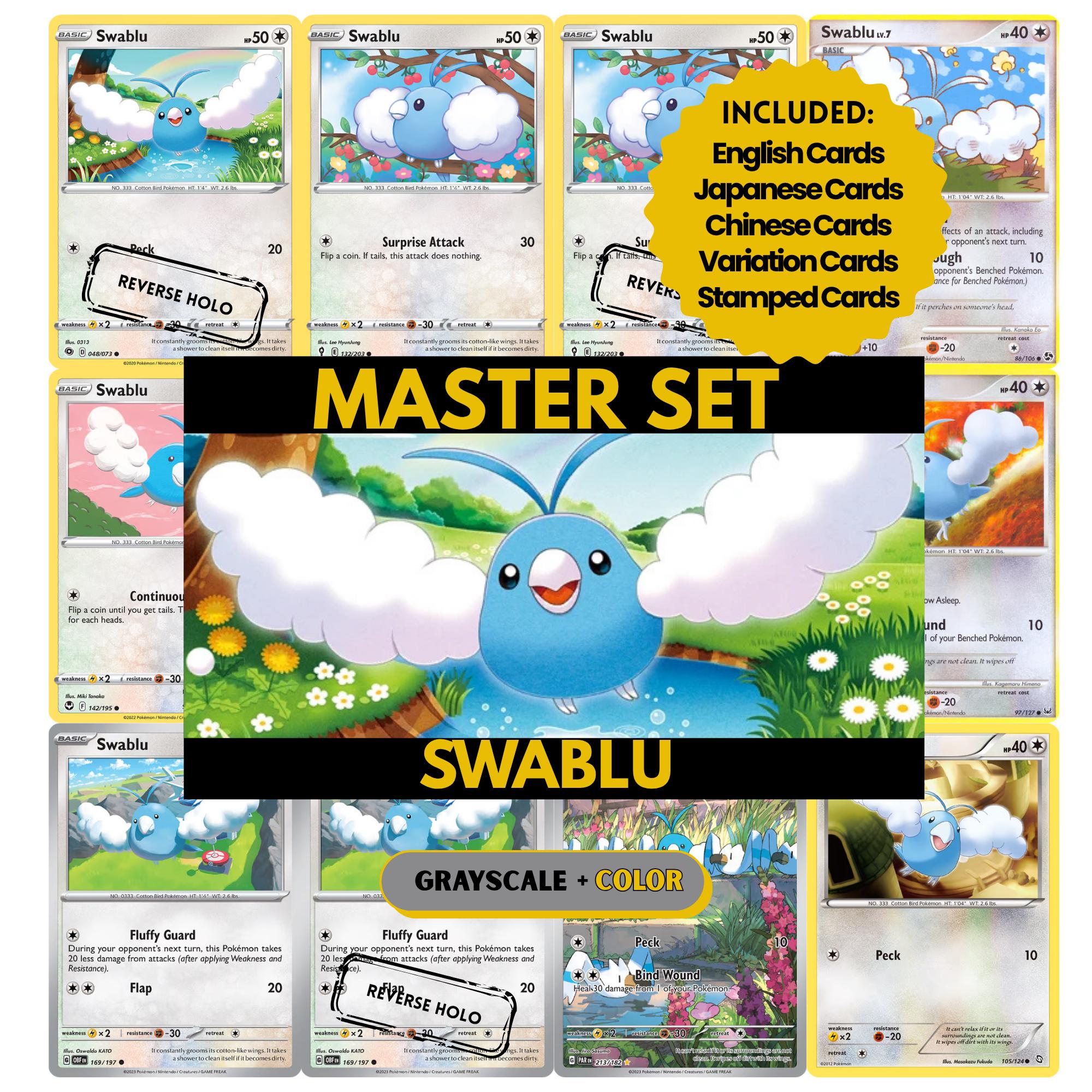 Swablu binder pages set showing grayscale and color Pokémon cards, designed as a digital download to complete a collector’s binder.
