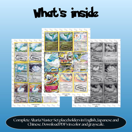 Altaria binder pages set overview showing the included Pokémon cards to print and cut for your binder sleeves.