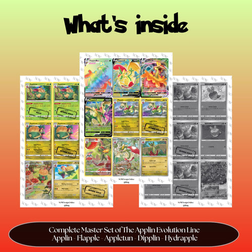 Applin Evolutions binder pages set overview showing the included Pokémon cards to print and cut for your binder sleeves.