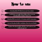 Clefairy cards digital download instructions explaining how to print, cut, and place placeholders in a Pokémon binder.
