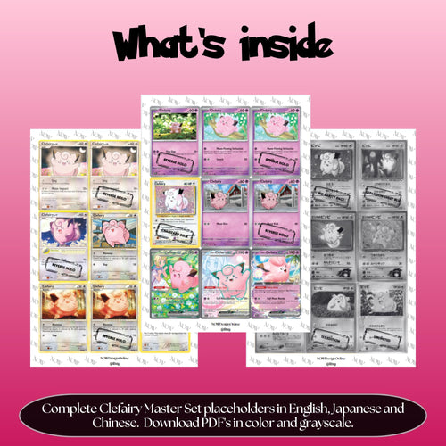 Clefairy binder pages set overview showing the included Pokémon cards to print and cut for your binder sleeves.