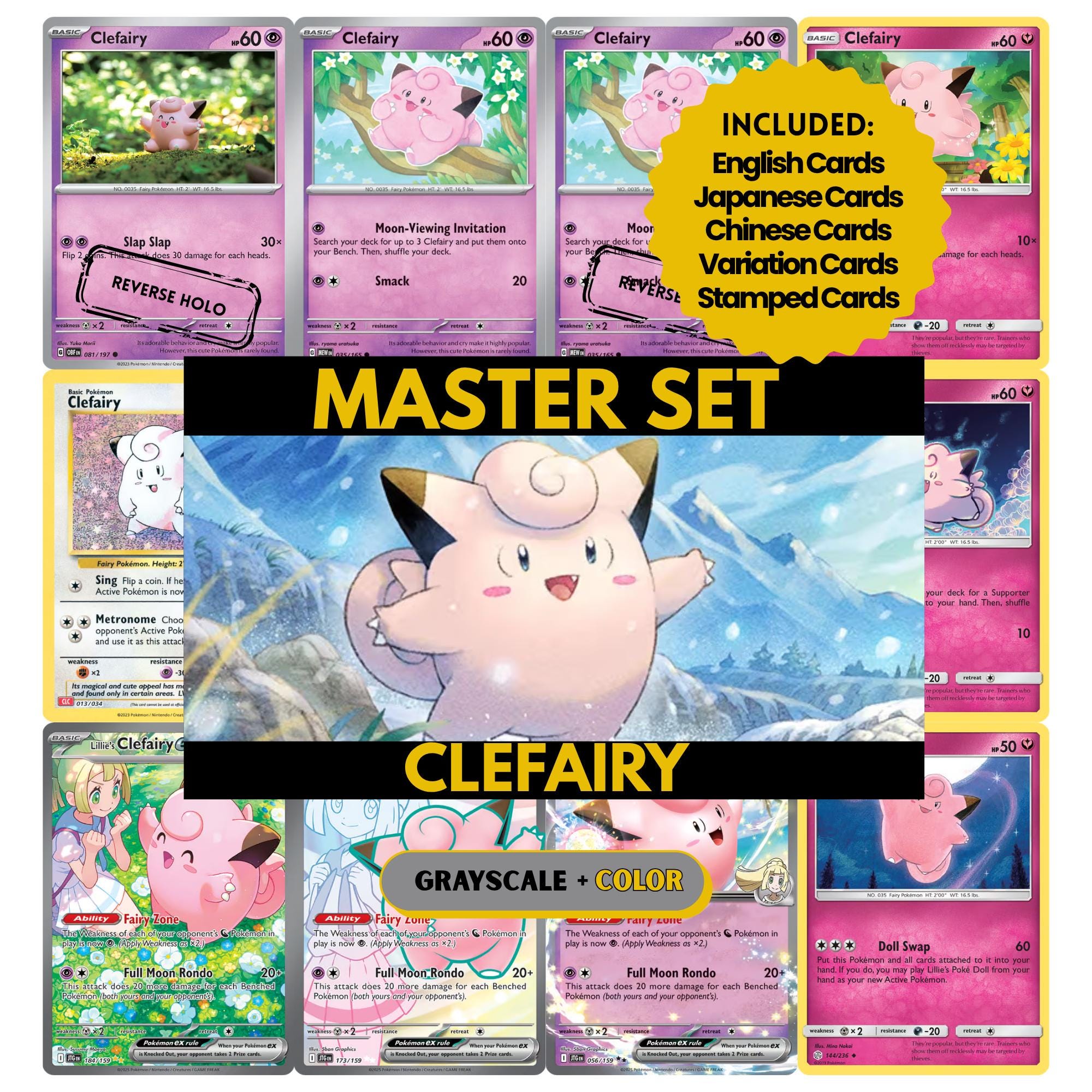 Clefairy binder pages set showing grayscale and color Pokémon cards, designed as a digital download to complete a collector’s binder.