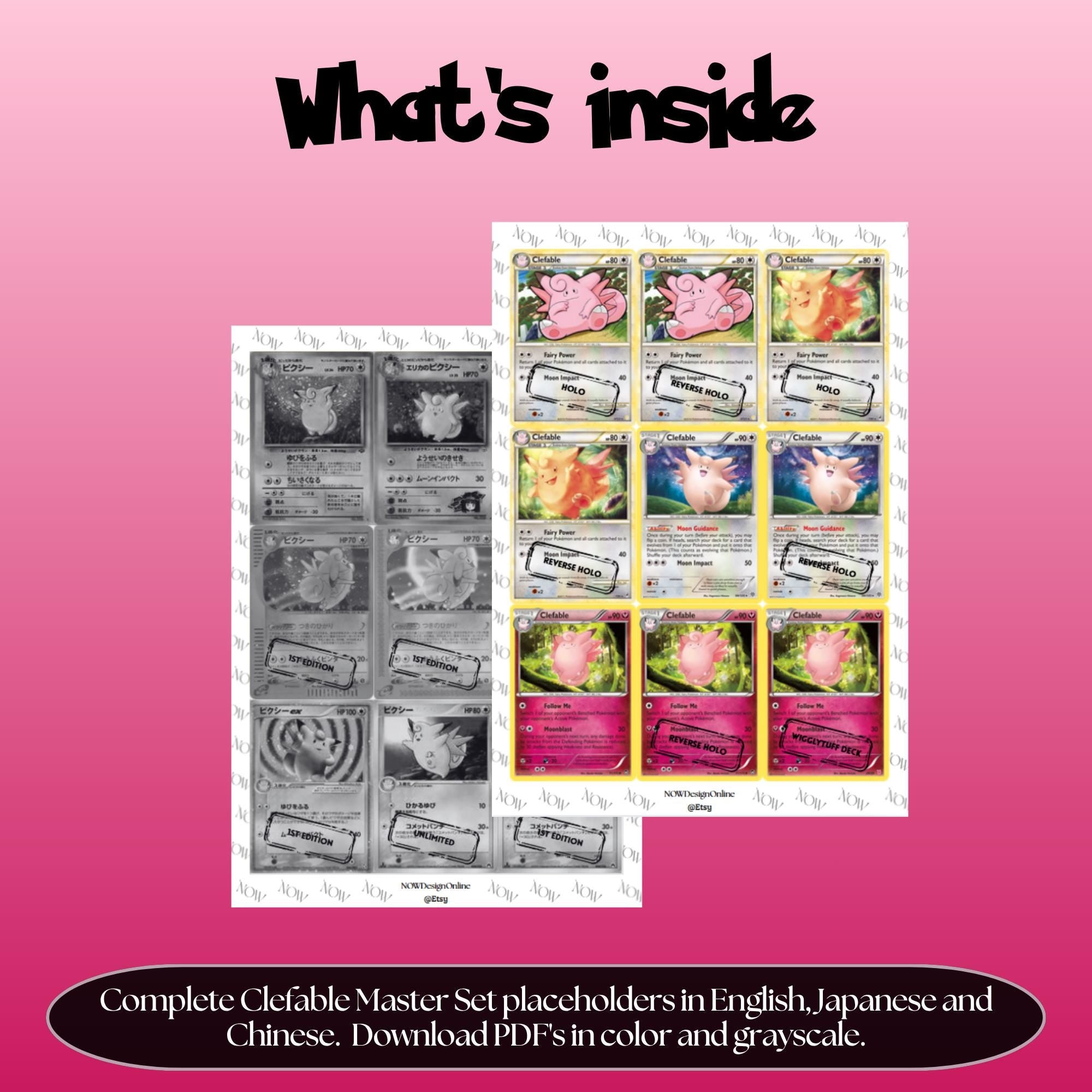 Clefable binder pages set overview showing the included Pokémon cards to print and cut for your binder sleeves.