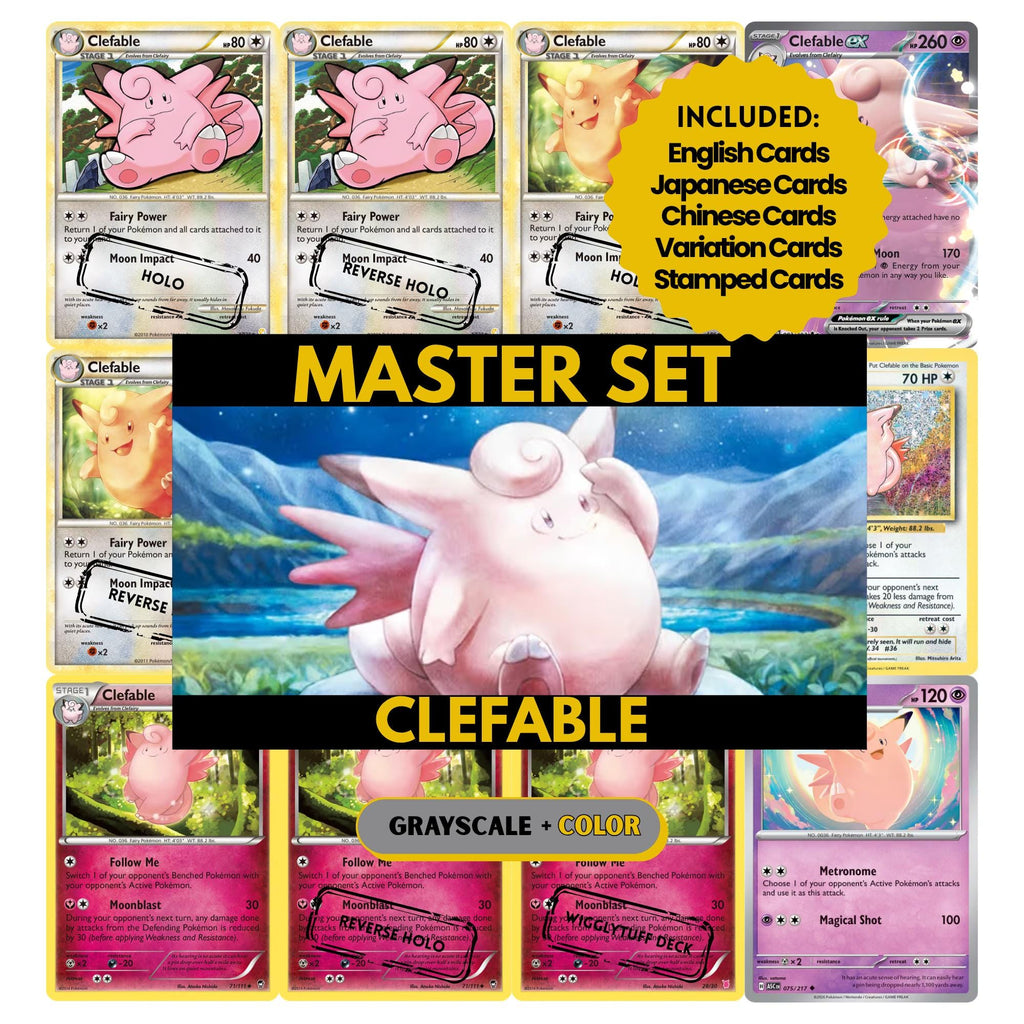 Clefable binder pages set showing grayscale and color Pokémon cards, designed as a digital download to complete a collector’s binder.
