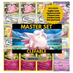 Clefable binder pages set showing grayscale and color Pokémon cards, designed as a digital download to complete a collector’s binder.