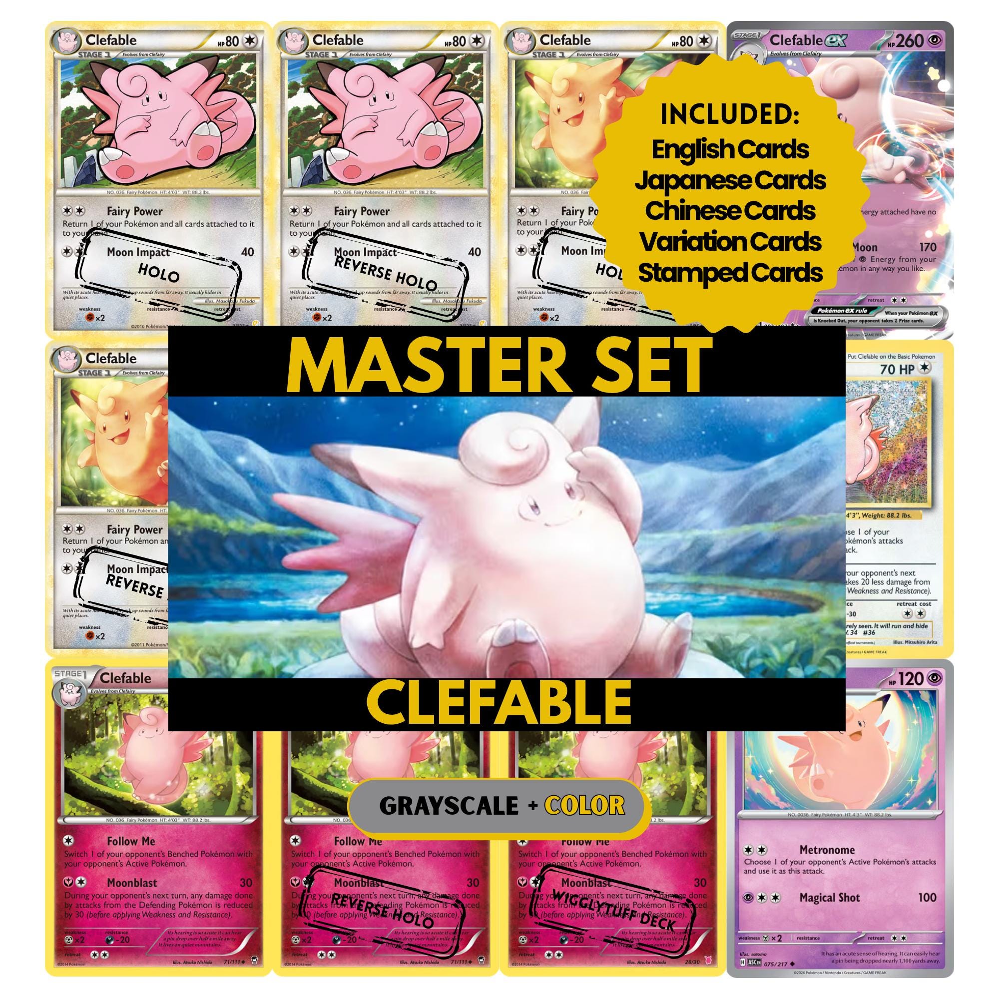 Clefable binder pages set showing grayscale and color Pokémon cards, designed as a digital download to complete a collector’s binder.
