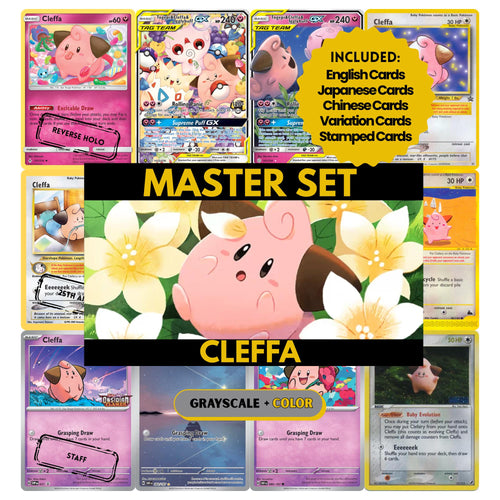 Cleffa binder pages set showing grayscale and color Pokémon cards, designed as a digital download to complete a collector’s binder.