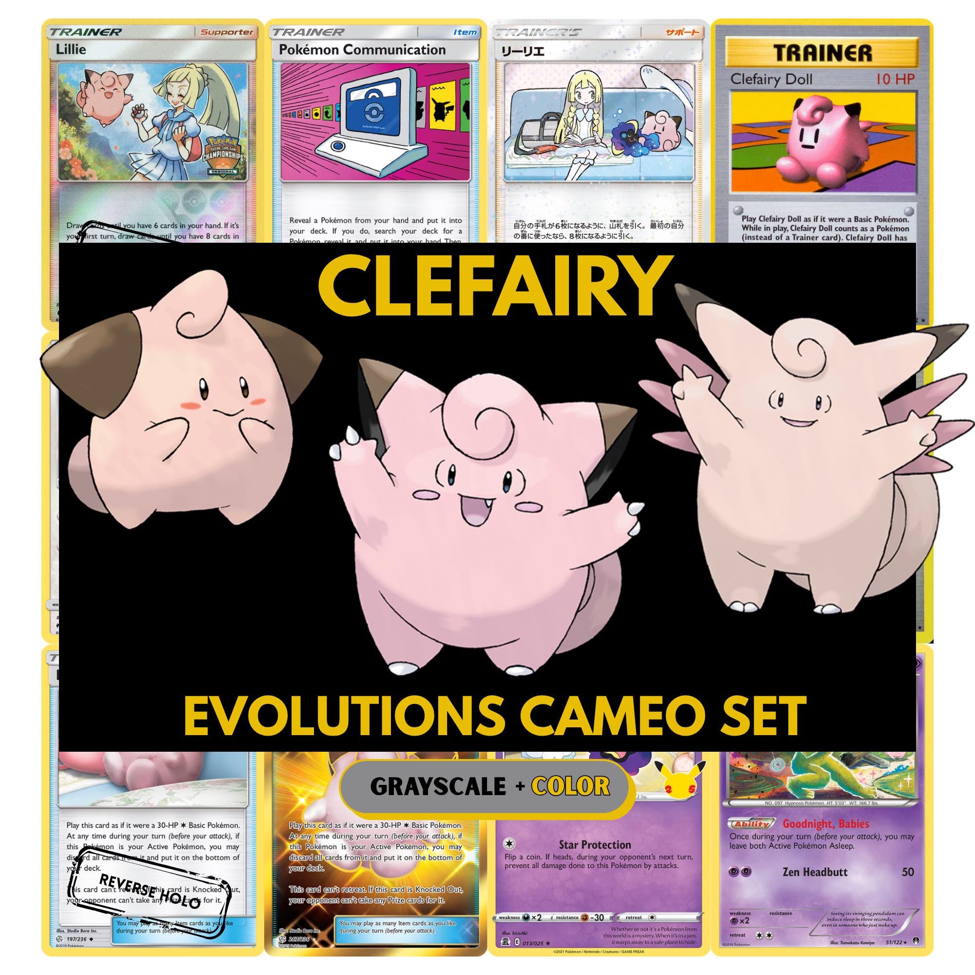 Clefairy and Evolutions Cameo binder pages set showing grayscale and color Pokémon cards, designed as a digital download to complete a collector’s binder.