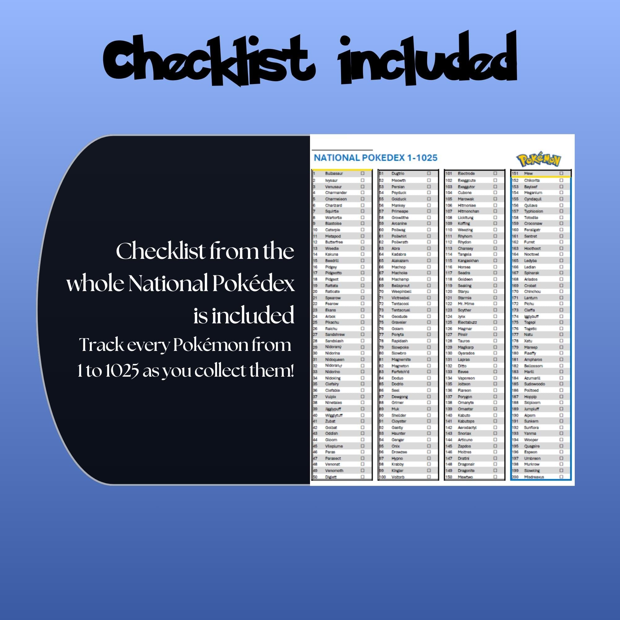 Printable national pokedex checklist showing every Pokémon from #001 to #1025 designed to track Pokémon collection progress.