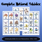 Complete national pokedex placeholders preview showing Pokémon binder inserts from Bulbasaur #001 to Pecharunt #1025 arranged in Pokédex order