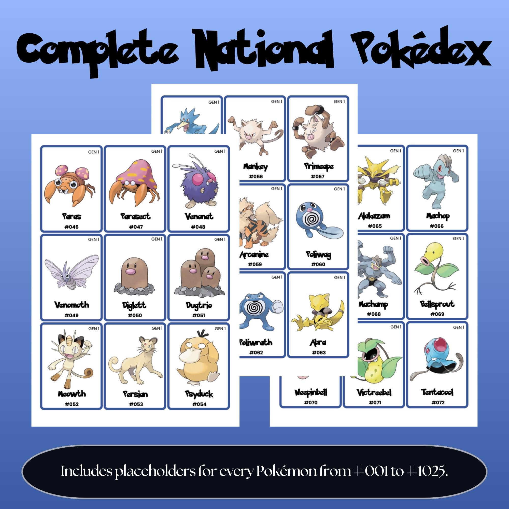 Complete national pokedex placeholders preview showing Pokémon binder inserts from Bulbasaur #001 to Pecharunt #1025 arranged in Pokédex order