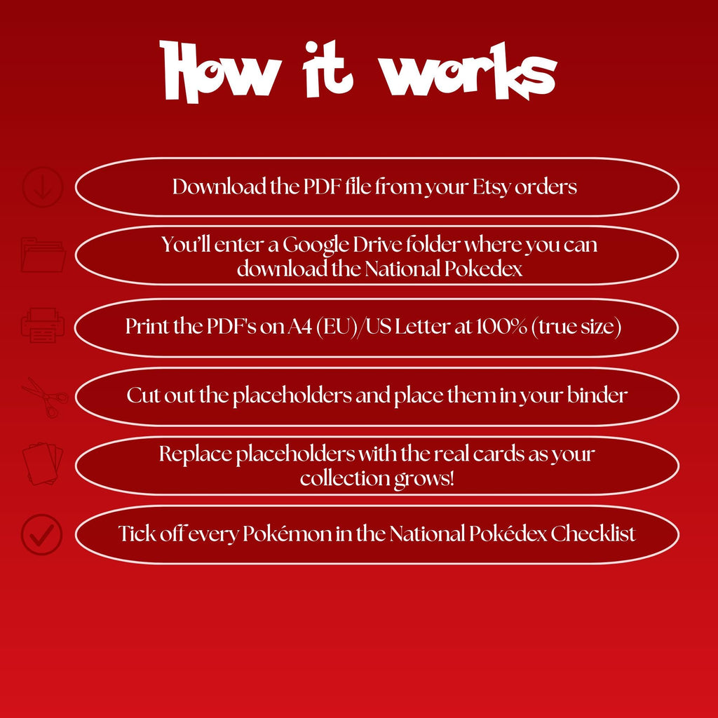 How to use national pokedex placeholders guide showing download print cut and place steps for organizing a Pokémon binder.