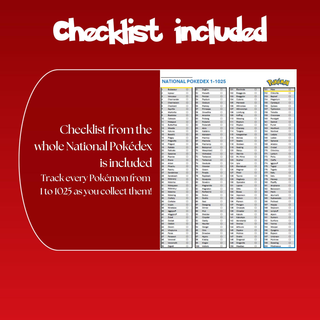 Printable national pokedex checklist showing every Pokémon from #001 to #1025 designed to track Pokémon collection progress.