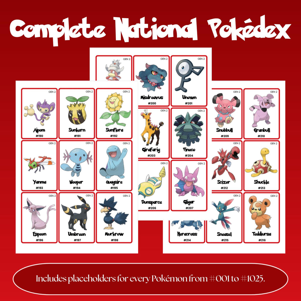 Complete national pokedex placeholders preview showing Pokémon binder inserts from Bulbasaur #001 to Pecharunt #1025 arranged in Pokédex order
