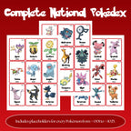 Complete national pokedex placeholders preview showing Pokémon binder inserts from Bulbasaur #001 to Pecharunt #1025 arranged in Pokédex order