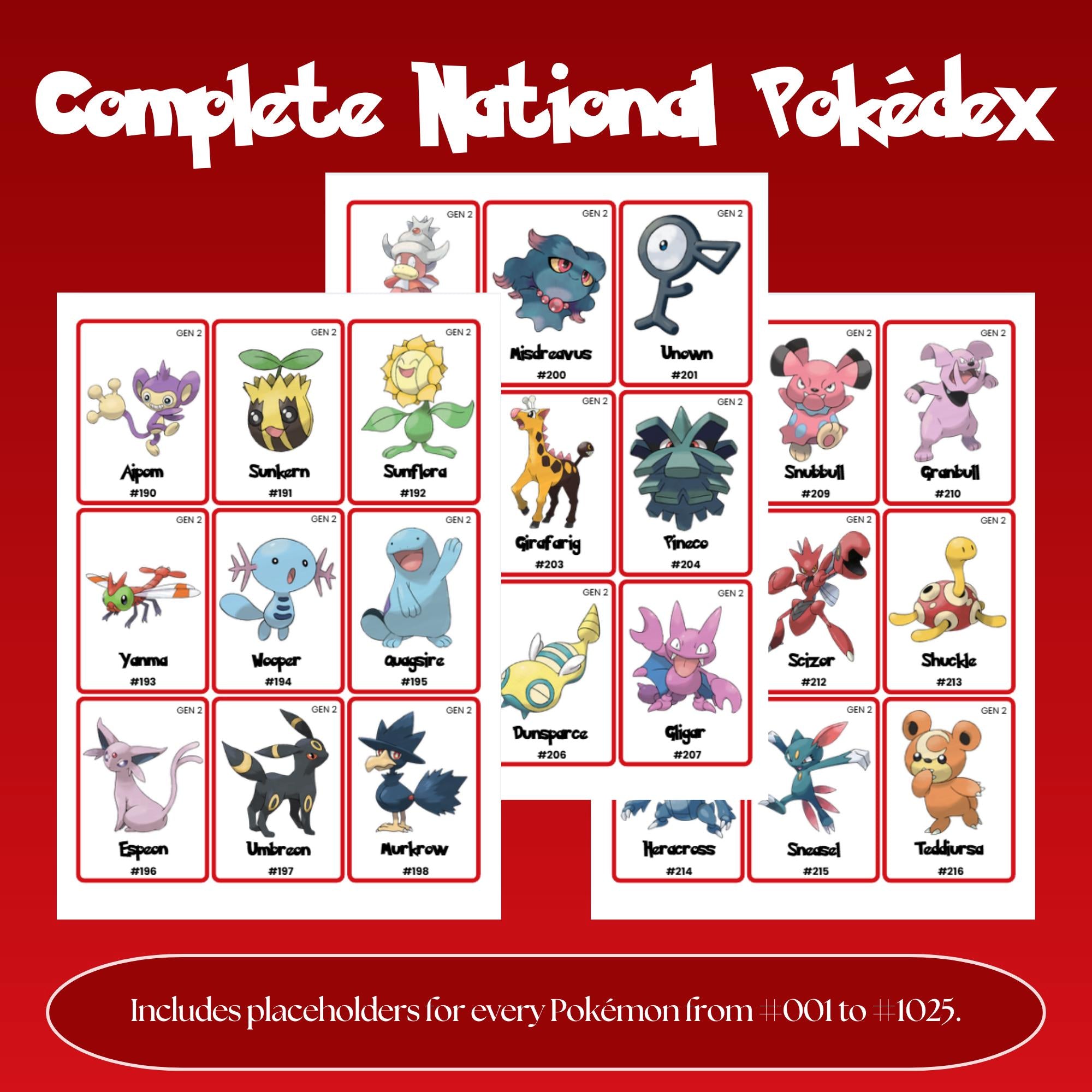 Complete national pokedex placeholders preview showing Pokémon binder inserts from Bulbasaur #001 to Pecharunt #1025 arranged in Pokédex order