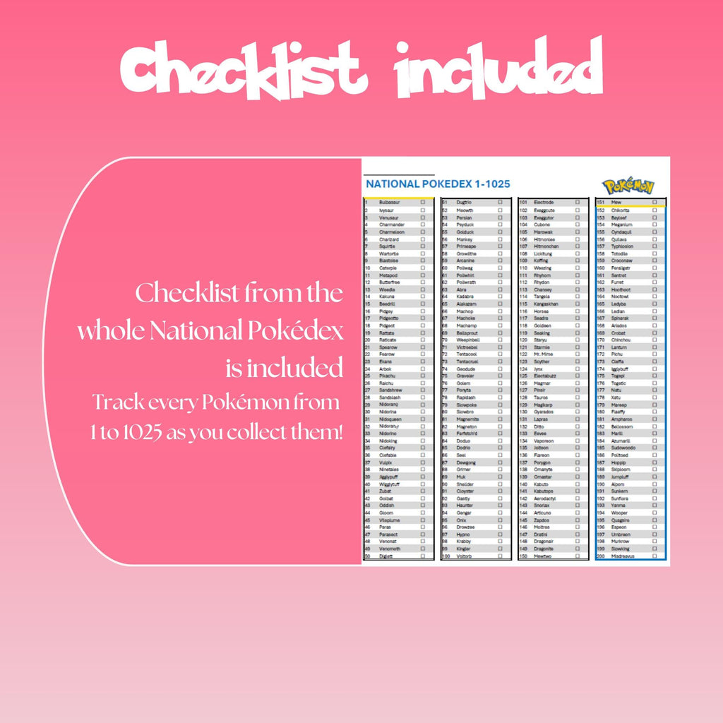 Printable national pokedex checklist showing every Pokémon from #001 to #1025 designed to track Pokémon collection progress.