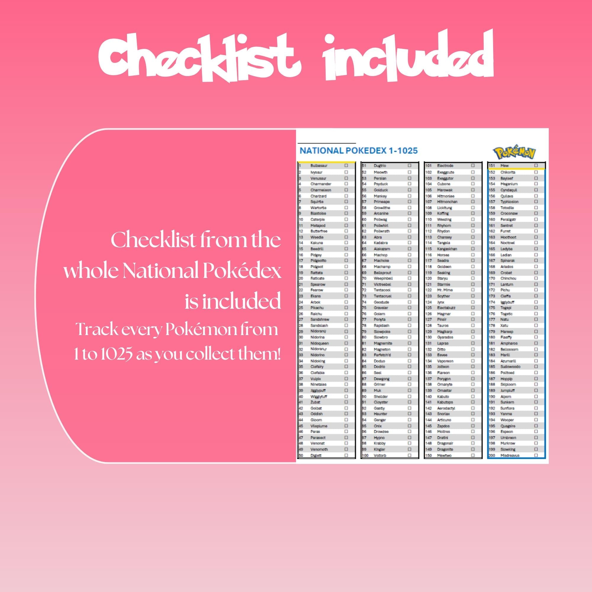 Printable national pokedex checklist showing every Pokémon from #001 to #1025 designed to track Pokémon collection progress.