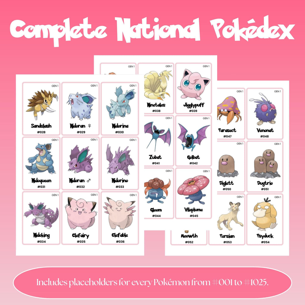 Complete national pokedex placeholders preview showing Pokémon binder inserts from Bulbasaur #001 to Pecharunt #1025 arranged in Pokédex order