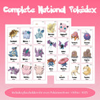 Complete national pokedex placeholders preview showing Pokémon binder inserts from Bulbasaur #001 to Pecharunt #1025 arranged in Pokédex order