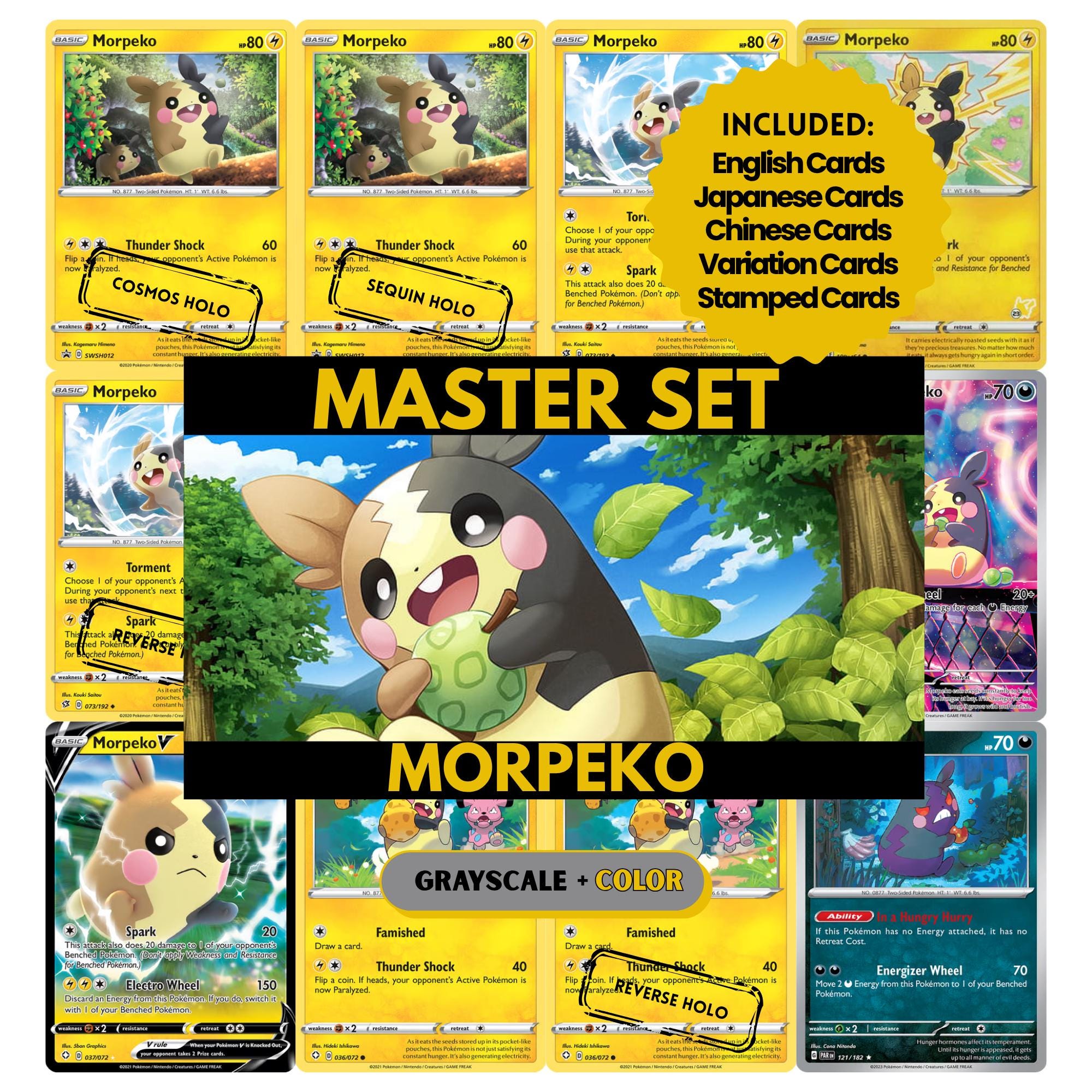 Morpeko binder pages set showing grayscale and color Pokémon cards, designed as a digital download to complete a collector’s binder.