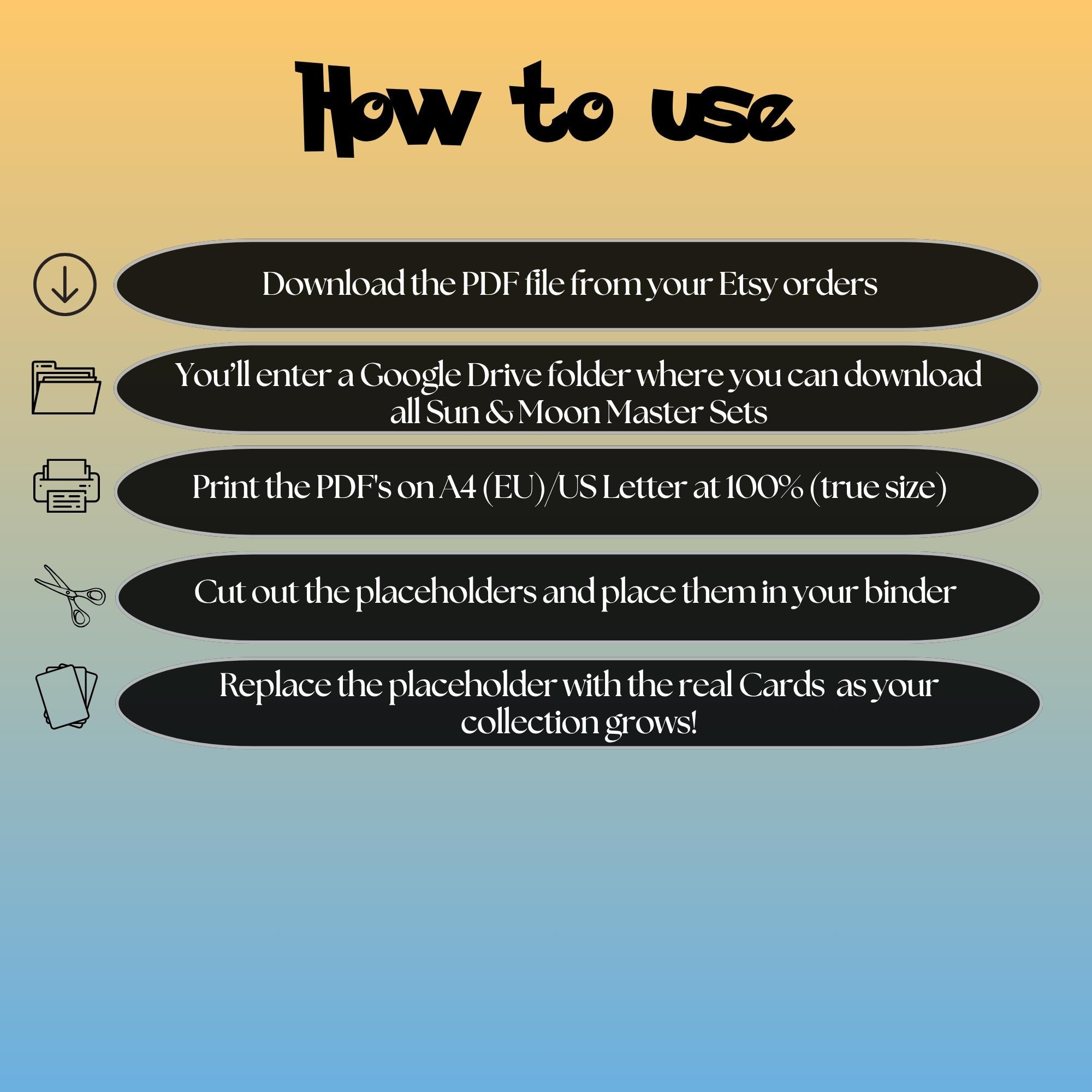 Sun & Moon digital download instructions explaining how to print, cut, and place placeholders in a Pokémon binder.