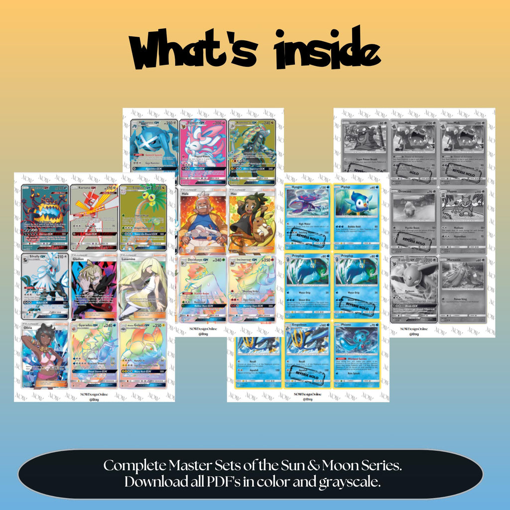 Sun & Moon: all 16 master sets overview showing the included Pokémon cards to print and a full color checklist for the Sun & Moon binder.