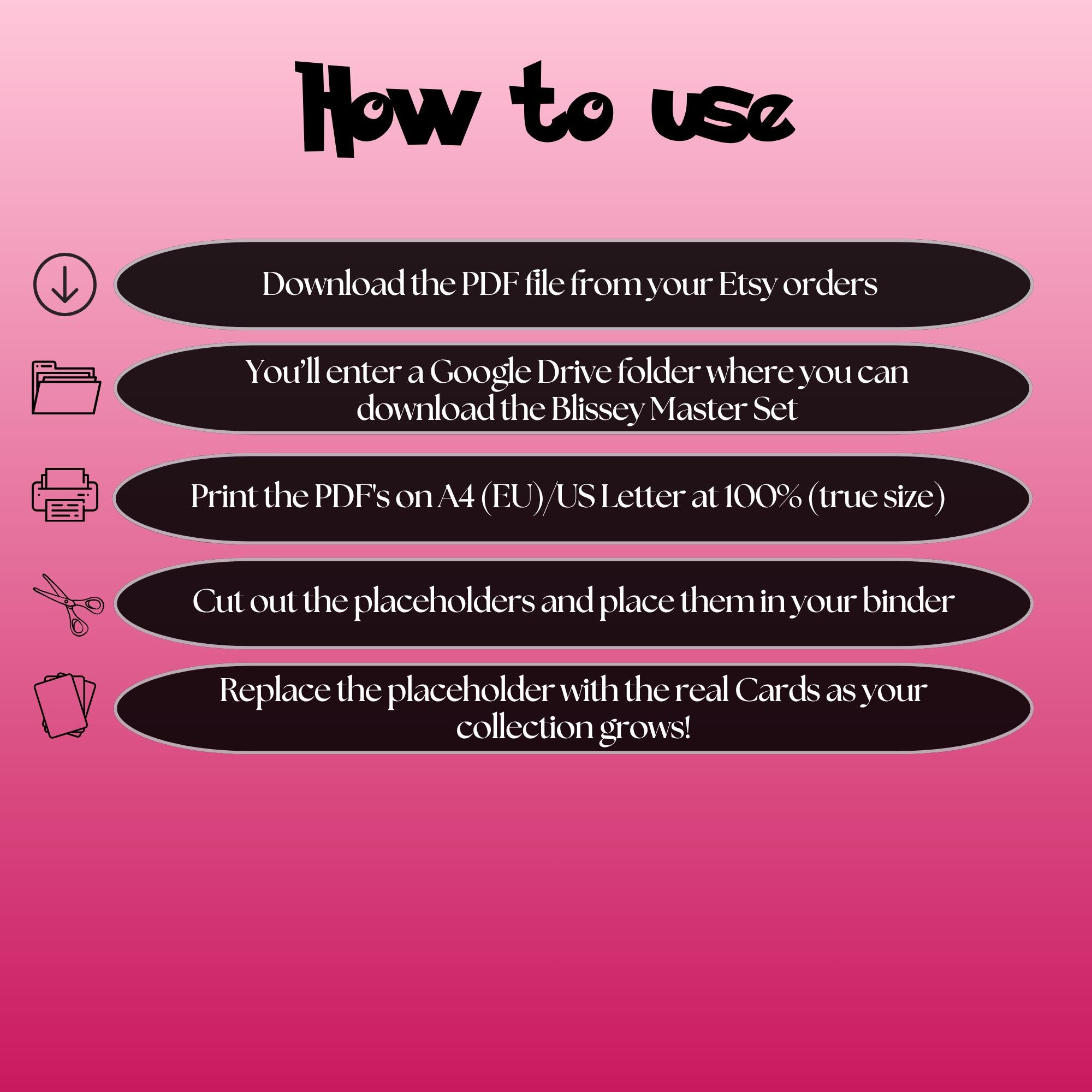 Blissey cards digital download instructions explaining how to print, cut, and place placeholders in a Pokémon binder.
