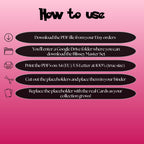 Blissey cards digital download instructions explaining how to print, cut, and place placeholders in a Pokémon binder.