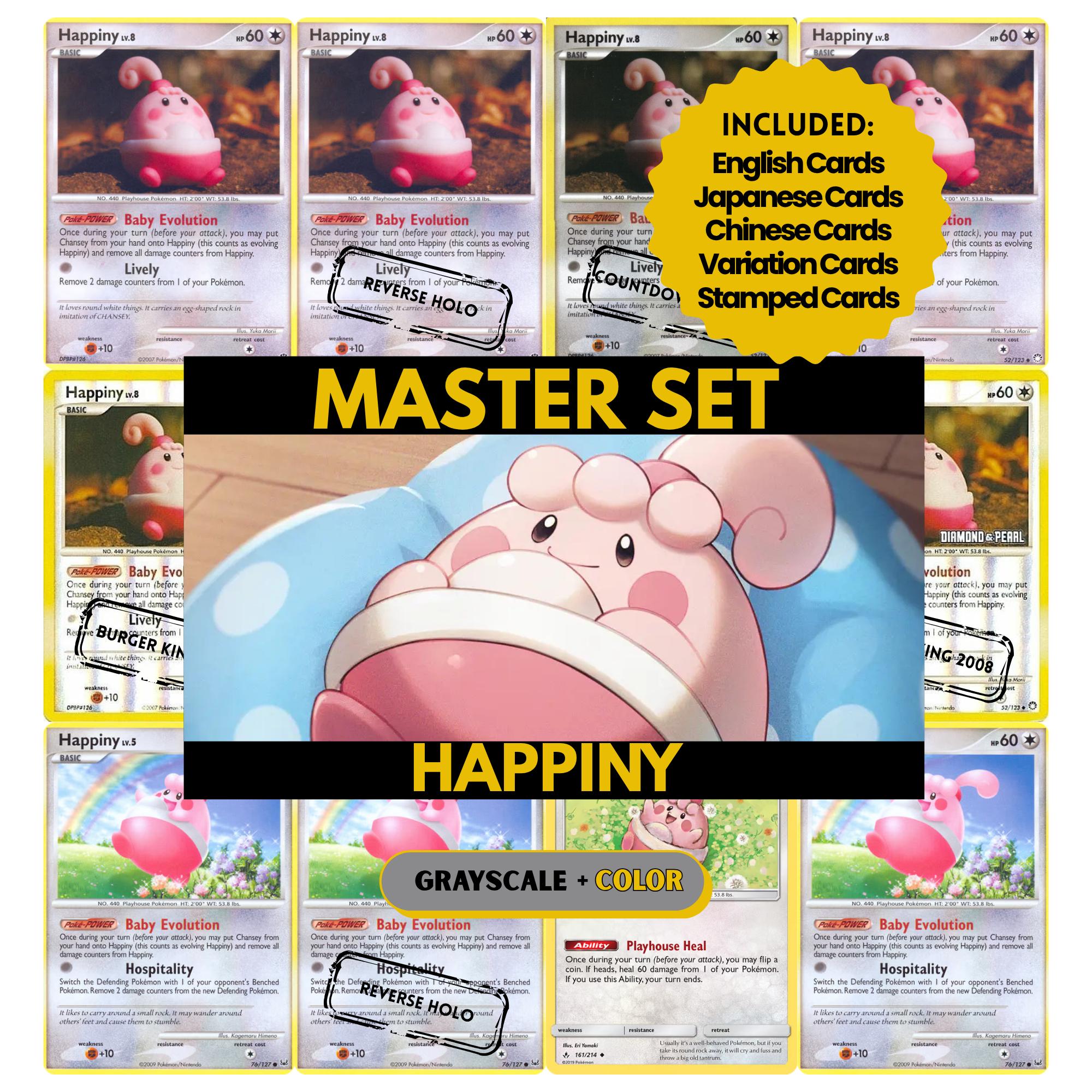Happiny binder pages set showing grayscale and color Pokémon cards, designed as a digital download to complete a collector’s binder.