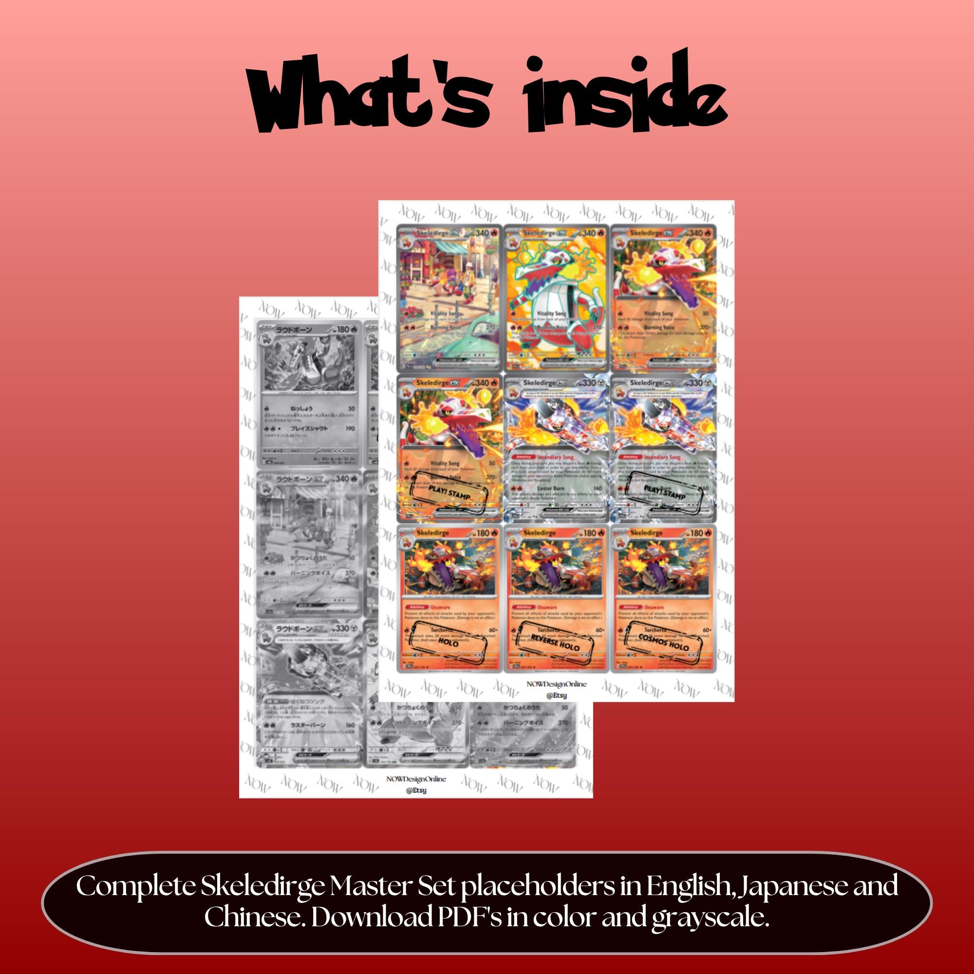 Skeledirge binder pages set overview showing the included Pokémon cards to print and cut for your binder sleeves.