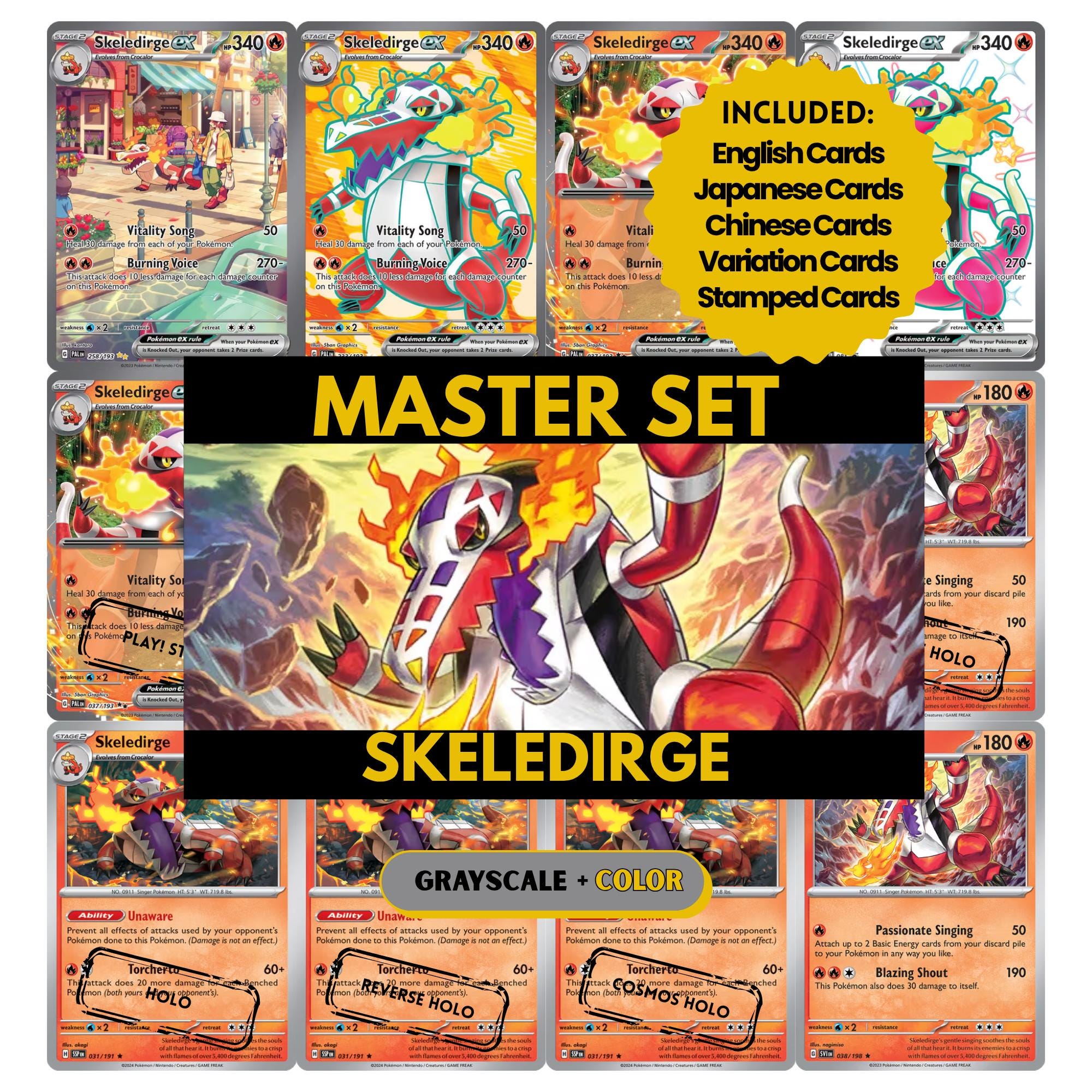 Skeledirge binder pages set showing grayscale and color Pokémon cards, designed as a digital download to complete a collector’s binder.