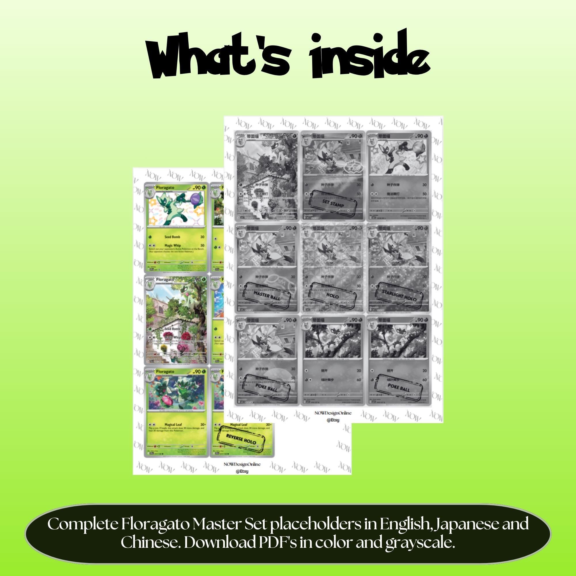 Floragato binder pages set overview showing the included Pokémon cards to print and cut for your binder sleeves.