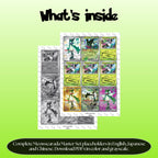 Meowscarada binder pages set overview showing the included Pokémon cards to print and cut for your binder sleeves.