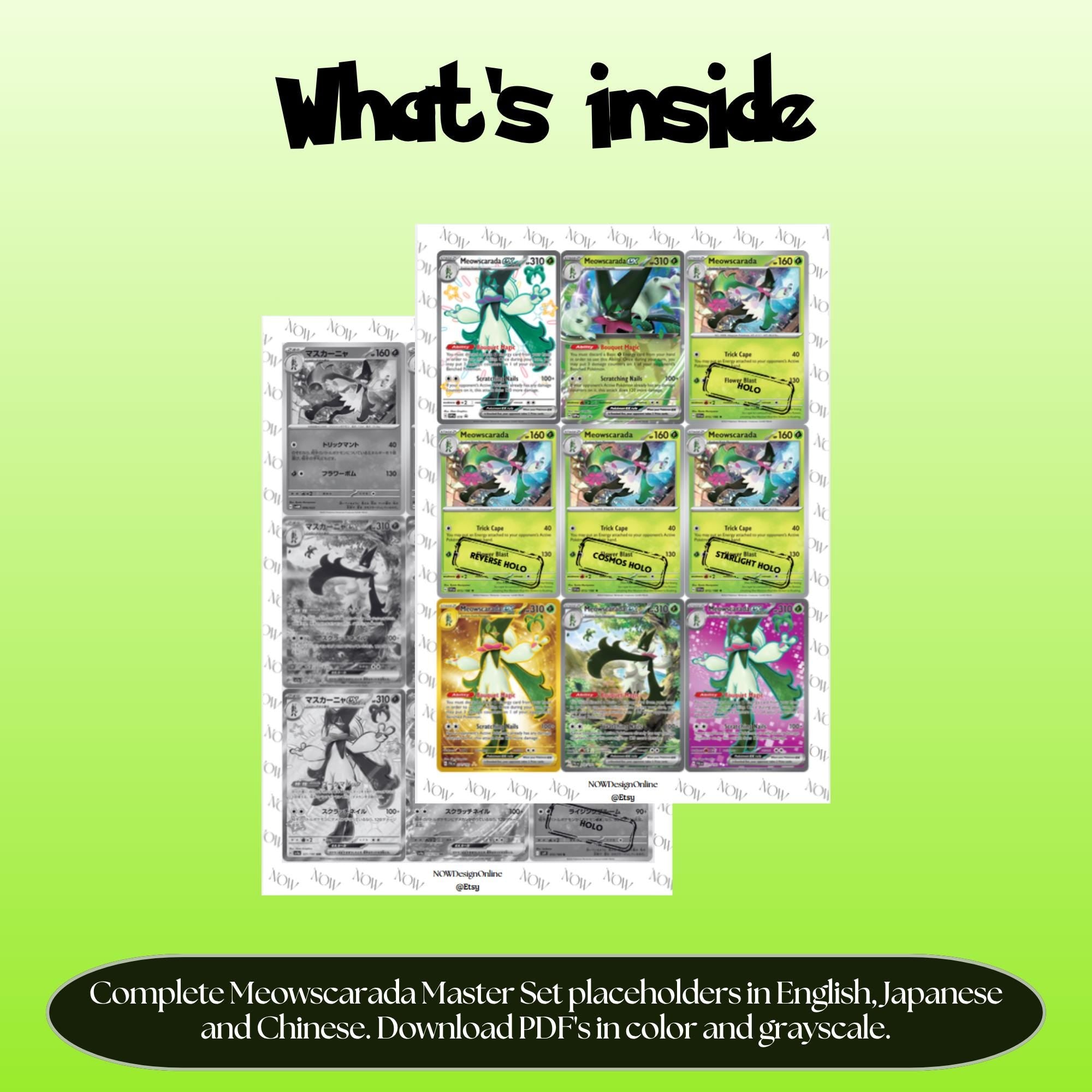 Meowscarada binder pages set overview showing the included Pokémon cards to print and cut for your binder sleeves.