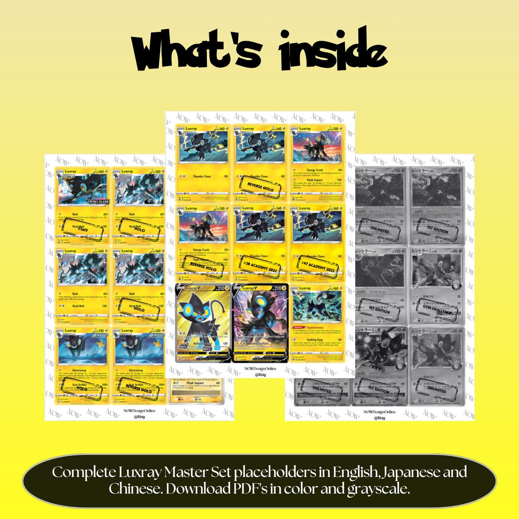 Luxray binder pages set overview showing the included Pokémon cards to print and cut for your binder sleeves.