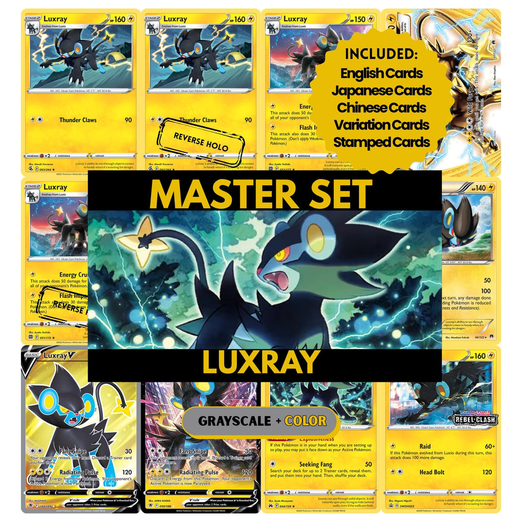 Luxray binder pages set showing grayscale and color Pokémon cards, designed as a digital download to complete a collector’s binder.