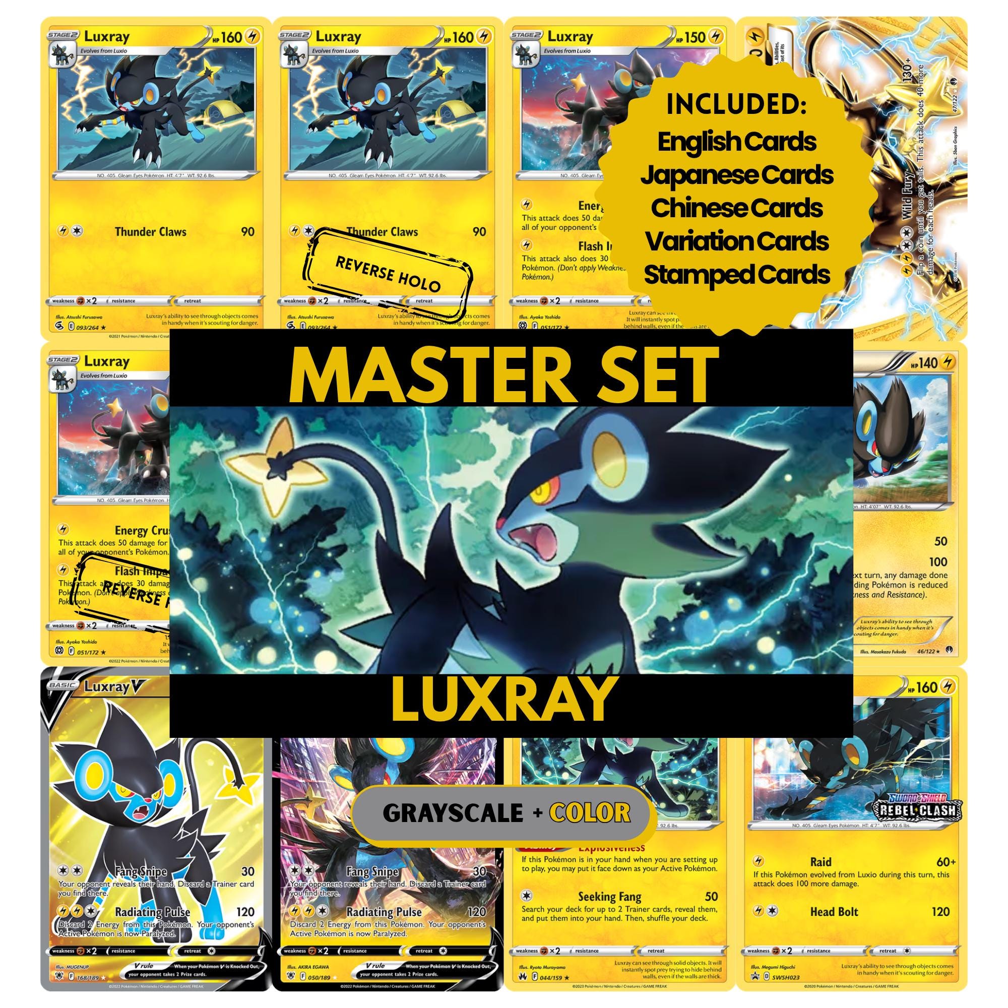 Luxray binder pages set showing grayscale and color Pokémon cards, designed as a digital download to complete a collector’s binder.