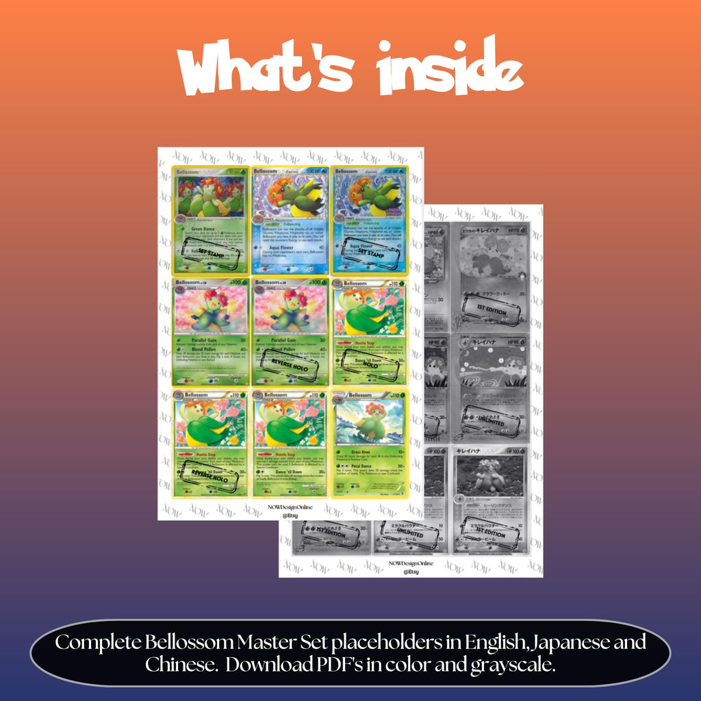 Bellossom binder pages set overview showing the included Pokémon cards to print and cut for your binder sleeves.