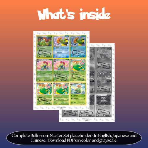 Bellossom binder pages set overview showing the included Pokémon cards to print and cut for your binder sleeves.