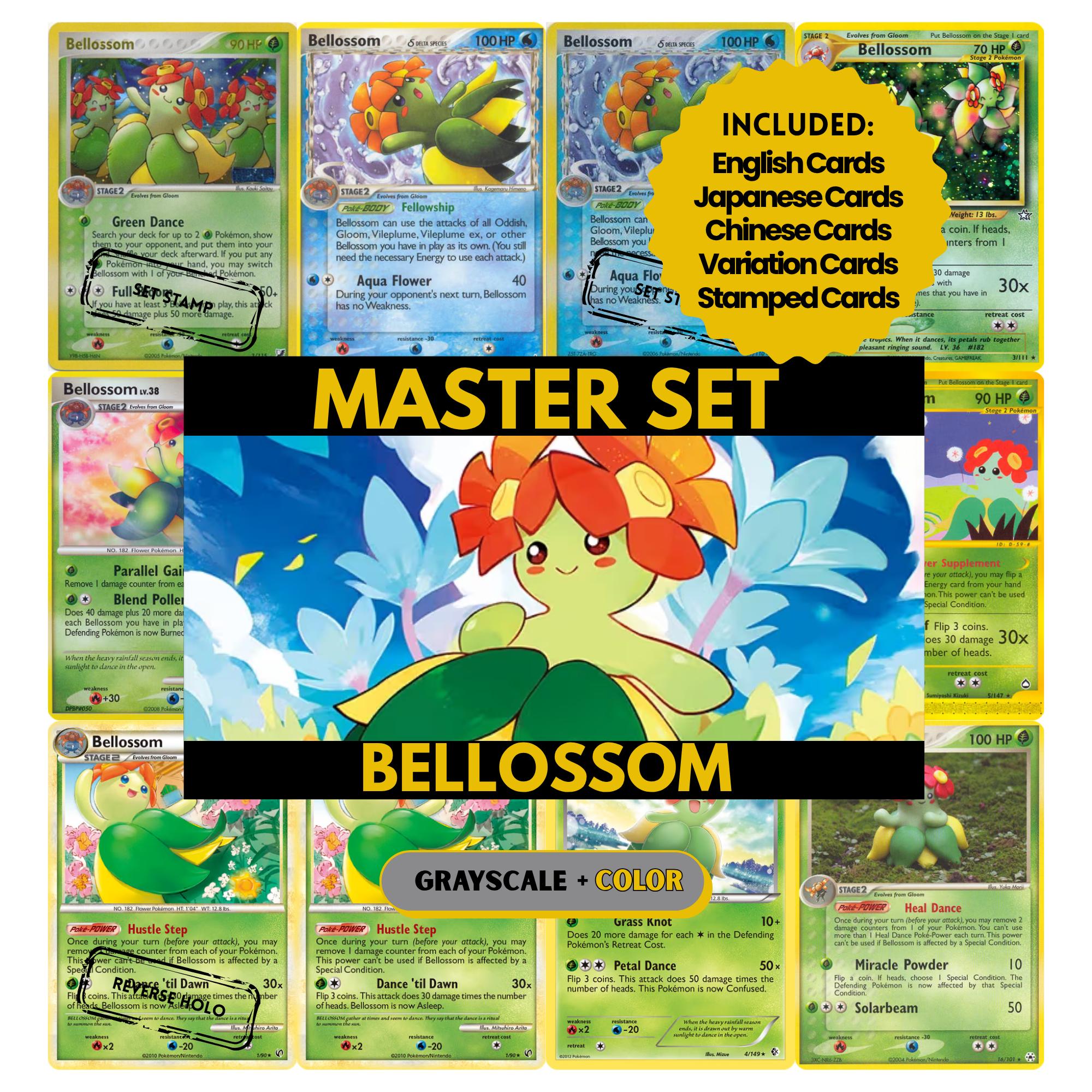 Bellossom binder pages set showing grayscale and color Pokémon cards, designed as a digital download to complete a collector’s binder.