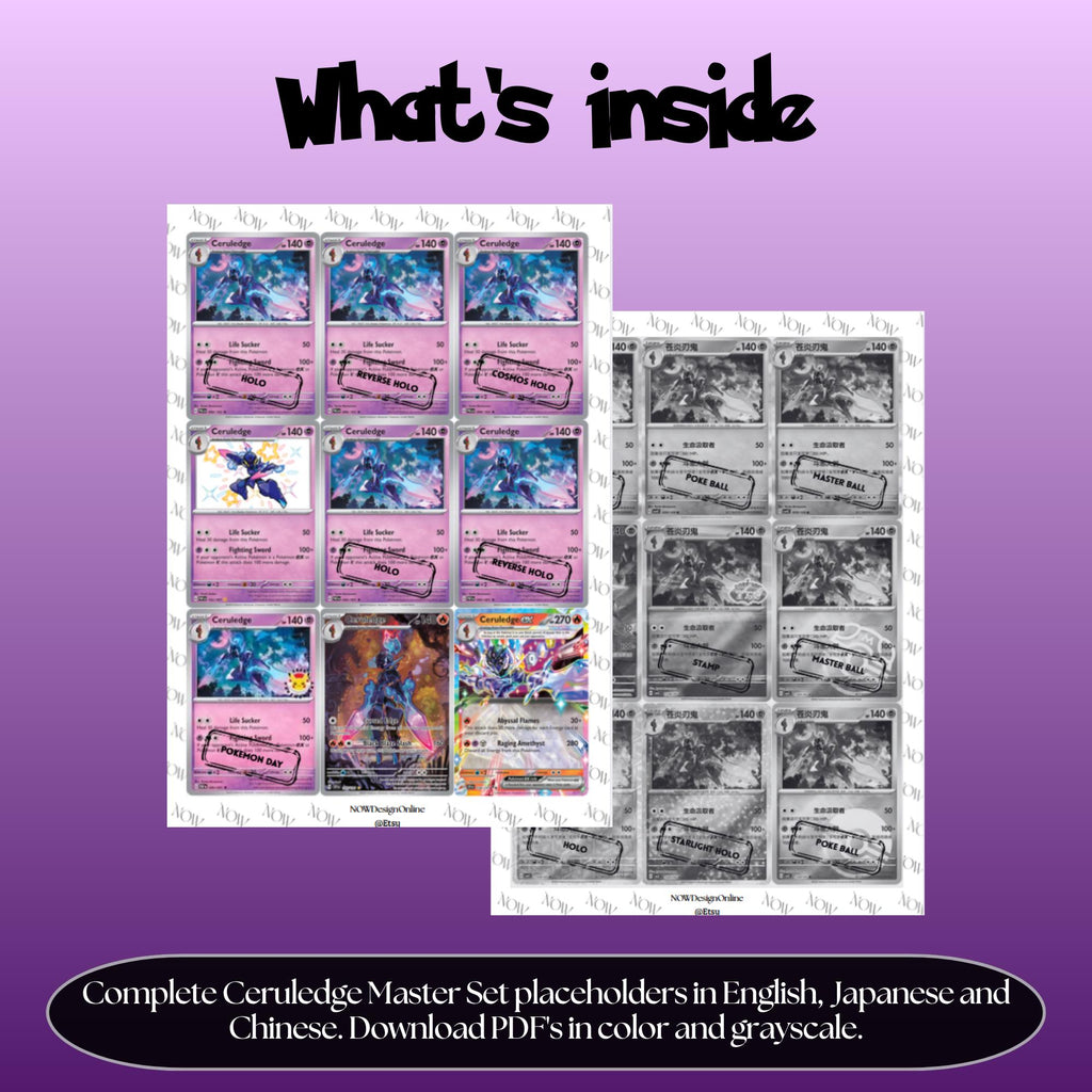 Ceruledge binder pages set overview showing the included Pokémon cards to print and cut for your binder sleeves.